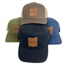 Load image into Gallery viewer, Trucker Hat with Leather Rockface and Pictograph Patch