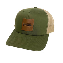 Load image into Gallery viewer, Trucker Hat with Leather Rockface and Pictograph Patch