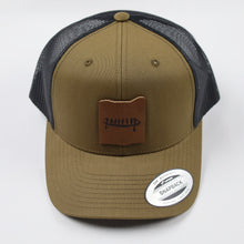 Load image into Gallery viewer, Trucker Hat with Leather Rockface and Pictograph Patch