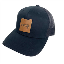 Load image into Gallery viewer, Trucker Hat with Leather Rockface and Pictograph Patch
