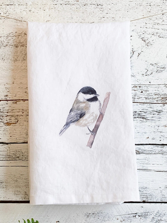 Chickadee on Branch French Linen Tea Towel