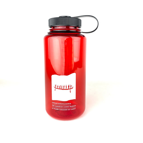 Red Nalgene water bottle with new Canoe Museum pictorgraph logo
