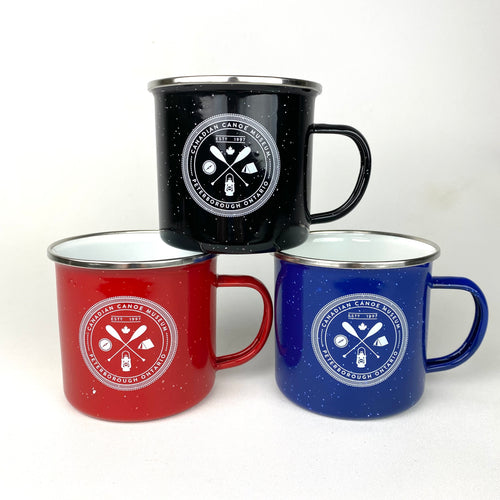Black, red and blue enamel camp mugs